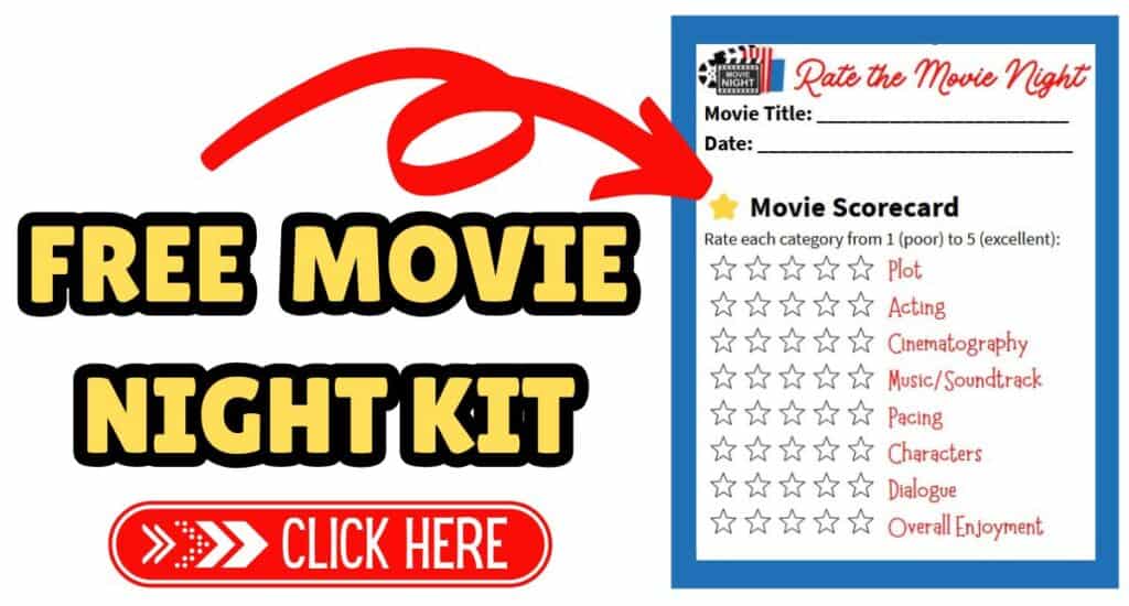 An advertisement for a free movie night kit featuring a scorecard to rate movies, perfect for creative movie nights, with a large "CLICK HERE" button.