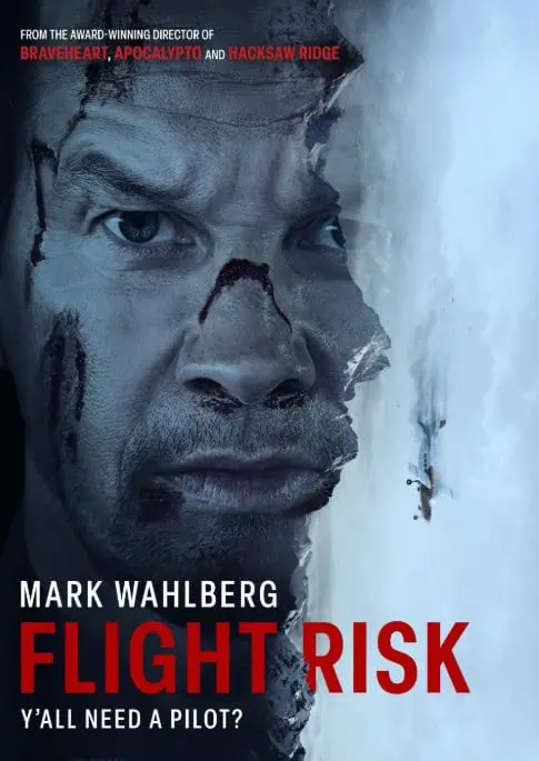 Movie poster for "Flight Risk" features a personal touch with Mark Wahlberg's face superimposed on a skydiver, plummeting next to a damaged airplane. Text reads "Mark Wahlberg, Flight Risk, Y'all need a pilot?" A dynamic visual post that captures high-octane action.