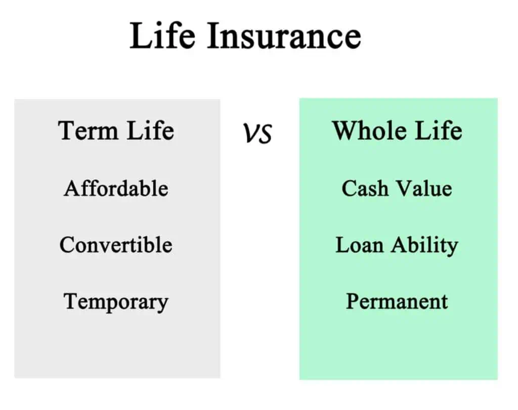A comparison chart showing how to buy life insurance, highlighting term life as affordable, convertible, and temporary, versus whole life insurance with cash value, loan ability, and permanent coverage.