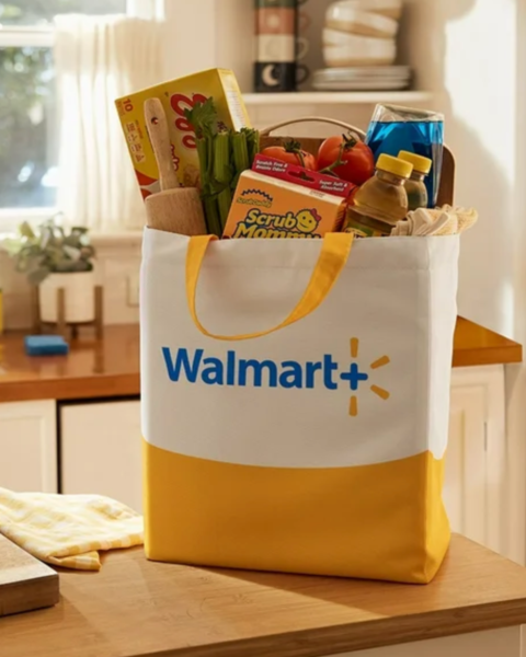 A yellow and white Walmart+ branded tote bag, a perk of a Walmart Plus Membership, sits on a kitchen counter, brimming with groceries like cereal, celery, and snacks.