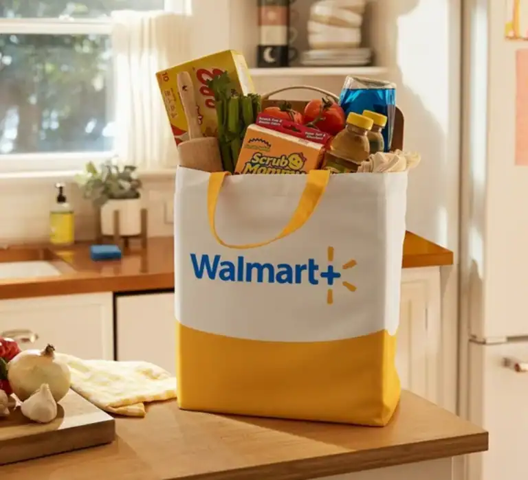 A yellow and white Walmart+ branded tote bag, a perk of a Walmart Plus Membership, sits on a kitchen counter, brimming with groceries like cereal, celery, and snacks.