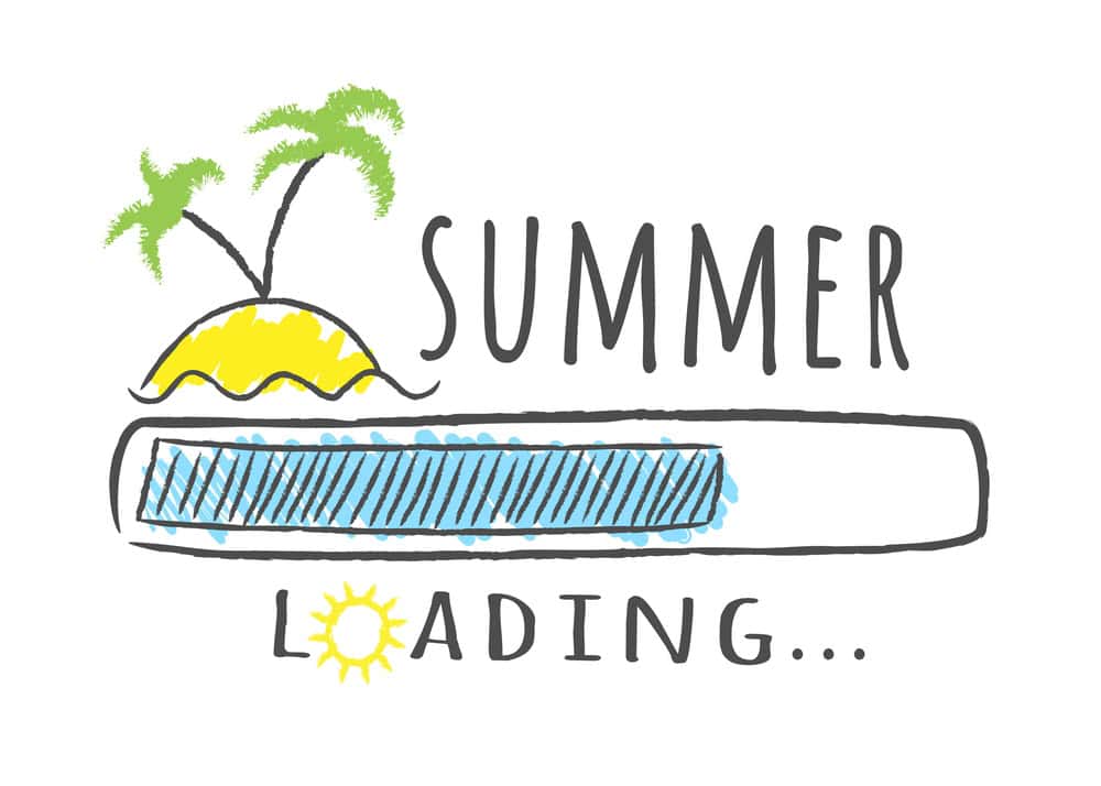 Hand-drawn image of a small island with palm trees, perfect for a Personal Post. Features the word "SUMMER" and a loading bar with "LOADING..." beneath, where the "O" in "LOADING" is a bright yellow sun.
