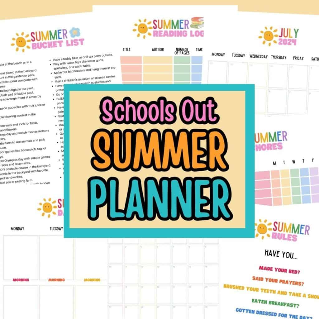 Printable summer planner pages with colorful headers, including a bucket list, reading log, calendar, chores list, and rules. Grab your Free Schools Out Summer Planner to stay organized all season long!.