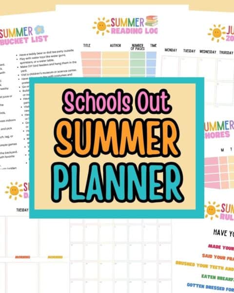 Printable summer planner pages with colorful headers, including a bucket list, reading log, calendar, chores list, and rules. Grab your Free Schools Out Summer Planner to stay organized all season long!.