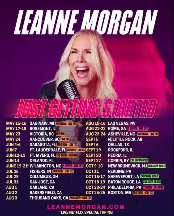 Comedian Leanne Morgan smiles and holds a microphone, posing in front of her 2024 "Just Getting Started" tour dates—sharing laughs that span four generations.