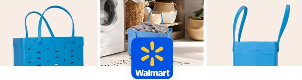 Three blue plastic baskets in different views beside a washing machine, with a Walmart logo and "Free Bogg Bag Dupe" text at the bottom center of the image.