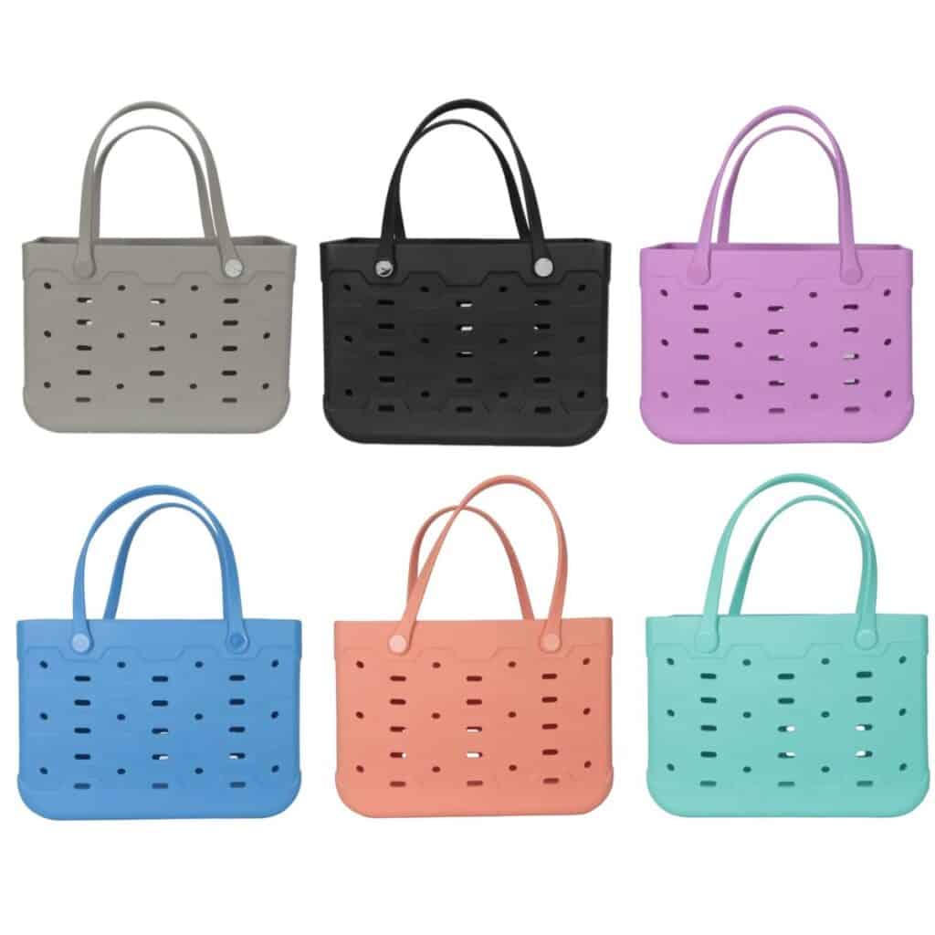 Six rubber tote bags in gray, black, purple, blue, coral, and teal are arranged in two rows on a white background—your perfect Free Bogg Bag Dupe for stylish storage.