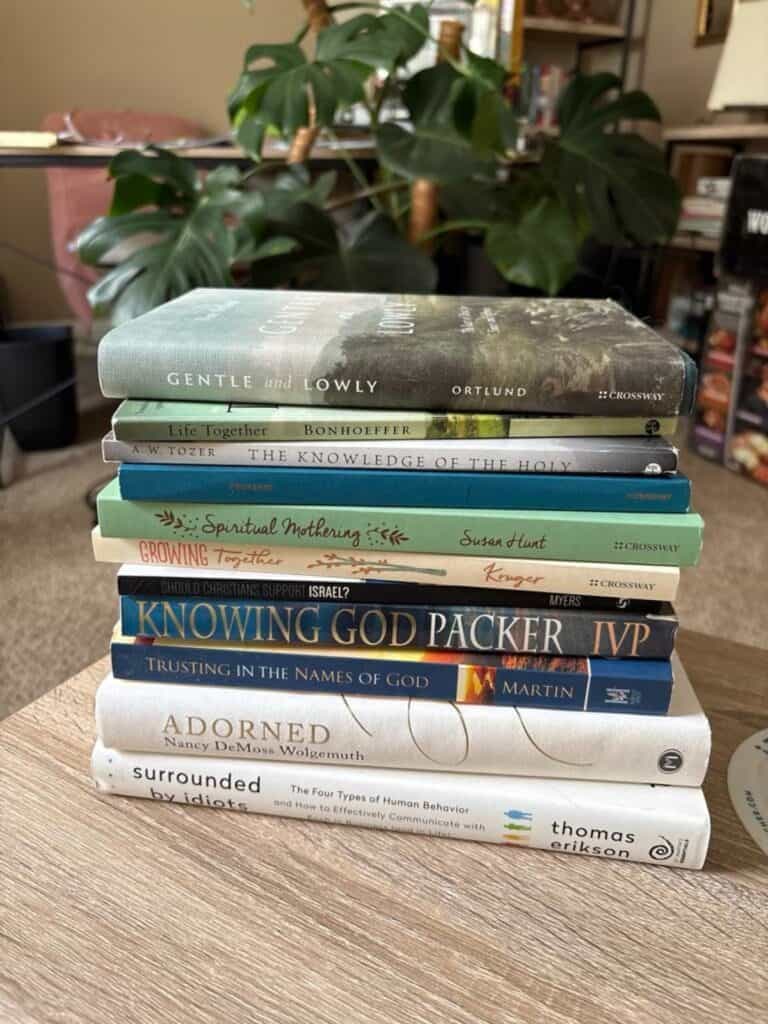 A stack of ten Christian books is arranged on a table, with a large green plant and blurred furniture in the background—making this a cozy, personal post for book lovers.