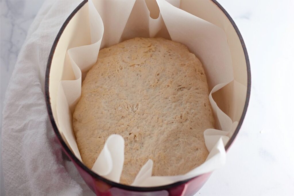 A round piece of risen bread dough sits in a parchment-lined pot, ready to become delicious Dutch oven bread on a light surface.