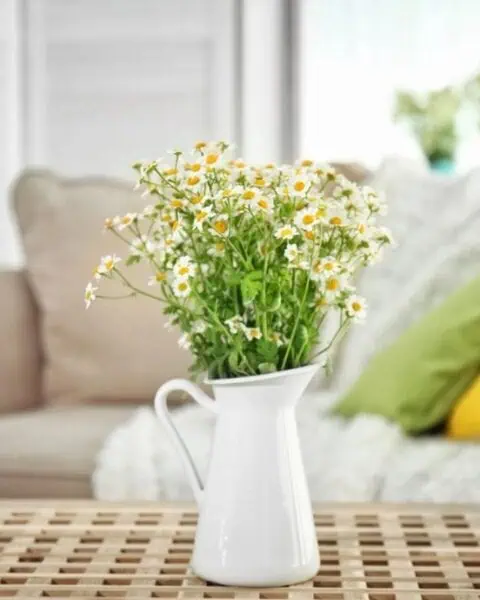 A white pitcher filled with chamomile flowers sits on a wooden table in front of a beige couch with green and yellow pillows, creating a calm space ideal for reflecting on essential life skills.