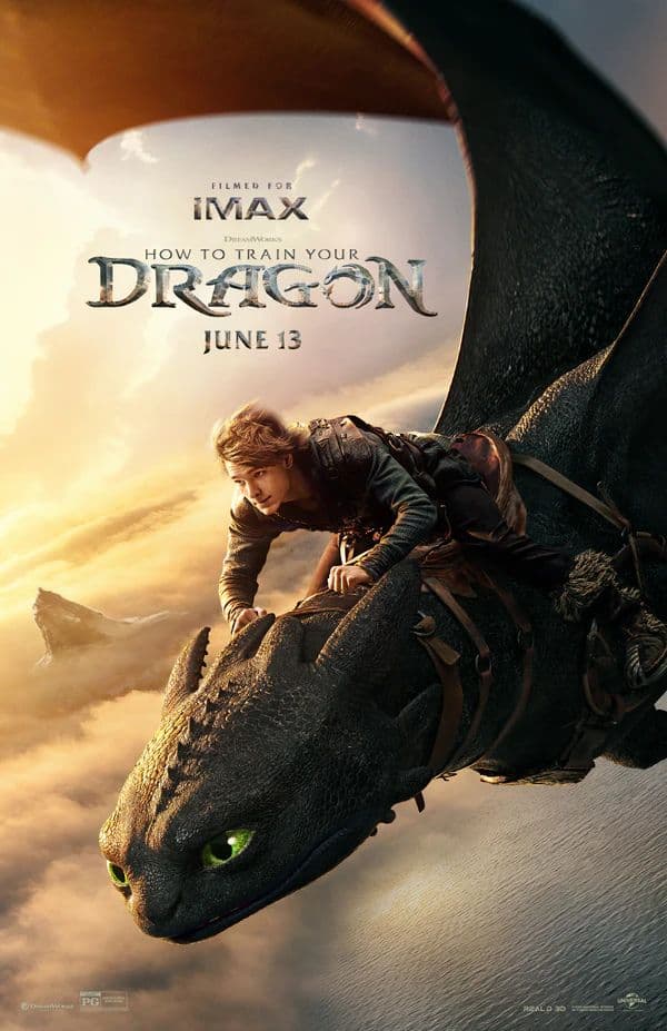 A young person rides a large black dragon through the sky. Text reads "How to Train Your Dragon Movie" with a release date of June 13 and a note about IMAX filming—see it early with a free movie screening!.