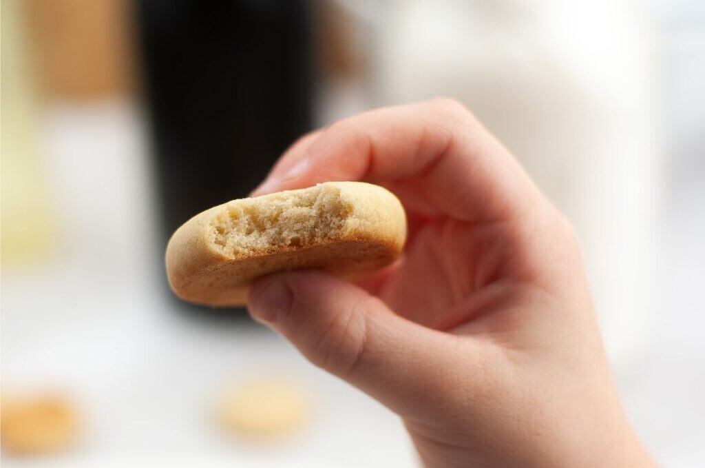A hand holding a round homemade vanilla wafer cookie with a bite taken out of it; blurred background.