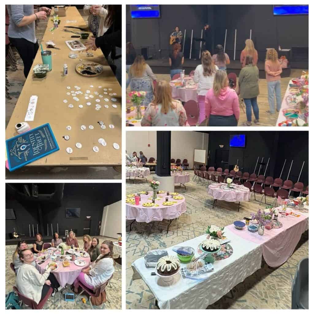 A personal post collage showing a women's event with crafting activities, a group watching a speaker or performance, and tables set with food and decorations in a community hall.
