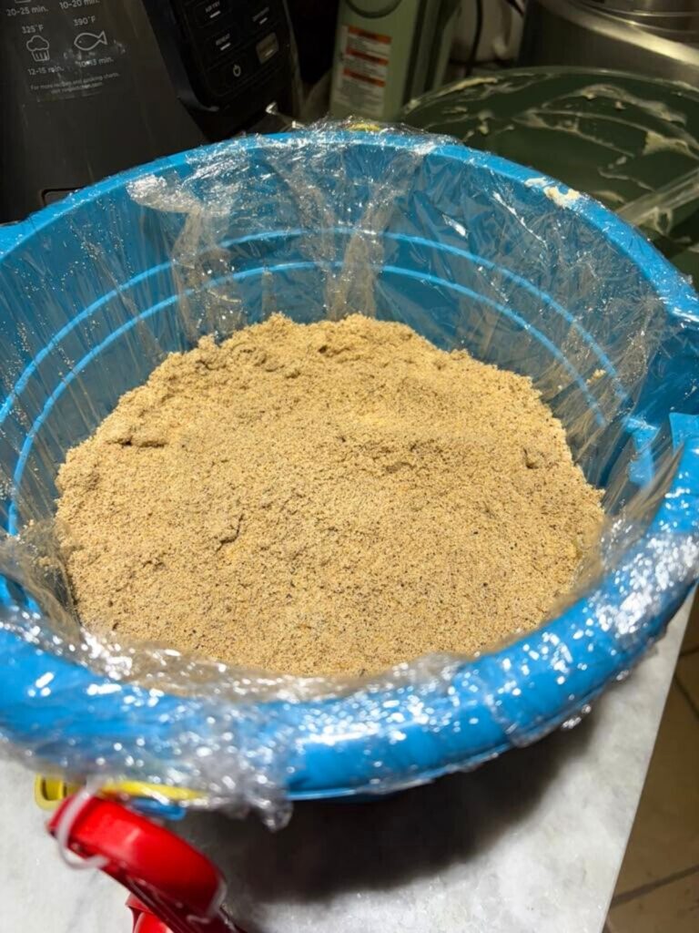 A blue plastic bucket lined with plastic wrap, filled with a light brown powdery substance, sits on a countertop—an update post for anyone tracking the latest progress.