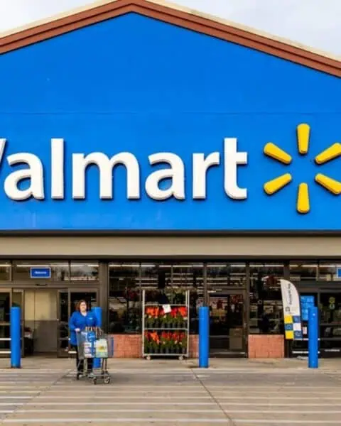 The front entrance of a Walmart store with a person pushing a shopping cart in the parking lot, visible under a blue Walmart sign, highlighting ways to Save Money at Walmart on everyday essentials.