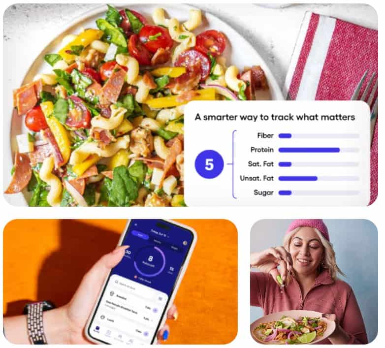 A collage featuring a pasta salad, a nutrition tracking app on a phone, a nutrition graph, and a woman eating salad—perfect for those inspired by Weight Watchers to track healthy choices and find the best Weight Watchers coupon.