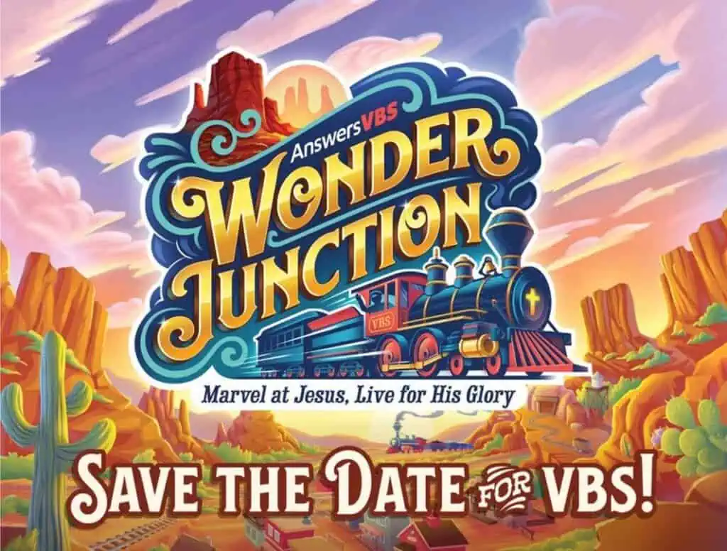 Colorful Update Post poster for "Wonder Junction" VBS, featuring a train and desert landscape. Text: "Marvel at Jesus, Live for His Glory. Save the Date for VBS!.
