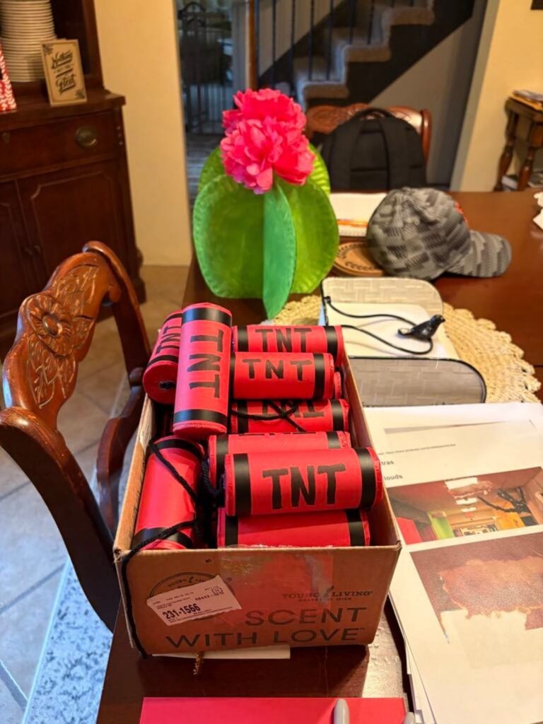 A box of red cylindrical objects labeled "TNT" sits on a dining table with sticker earrings, a green vase holding a pink flower, a hat, and papers nearby.