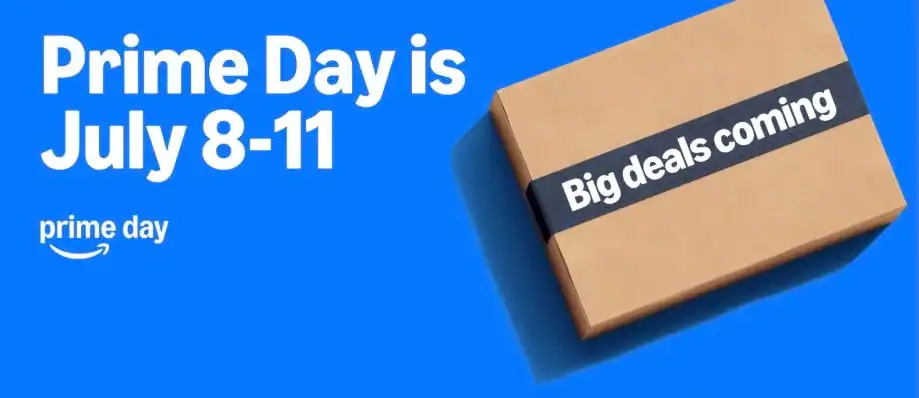 A cardboard box with a "Big deals coming" label sits beside text announcing when is Amazon Prime Day—July 8-11—on a blue background.