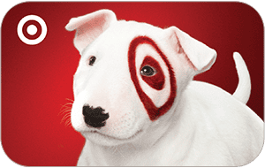A white dog with a red bullseye painted around its left eye appears against a red background, with the white Target logo in the top left corner, highlighting savings on food and travel for those seeking an AARP Membership Deal.
