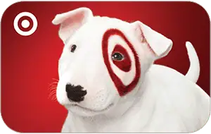 A white dog with a red bullseye painted around its left eye appears against a red background, with the white Target logo in the top left corner, highlighting savings on food and travel for those seeking an AARP Membership Deal.