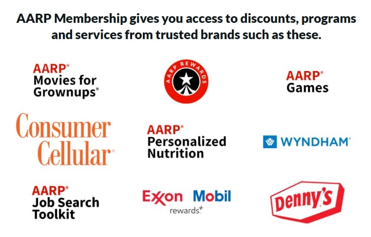 Logos of brands and services available with AARP membership, including travel savings from Wyndham, Exxon Mobil, and Consumer Cellular, plus AARP programs like Movies, Games, and the Job Search Toolkit.