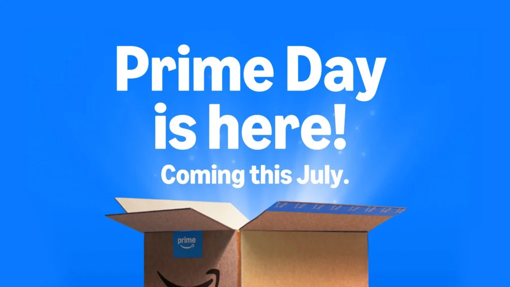 A cardboard box with "Prime" tape is open below white text that reads, "Prime Day is here! Coming this July—wondering when is Amazon Prime Day?" on a blue background.