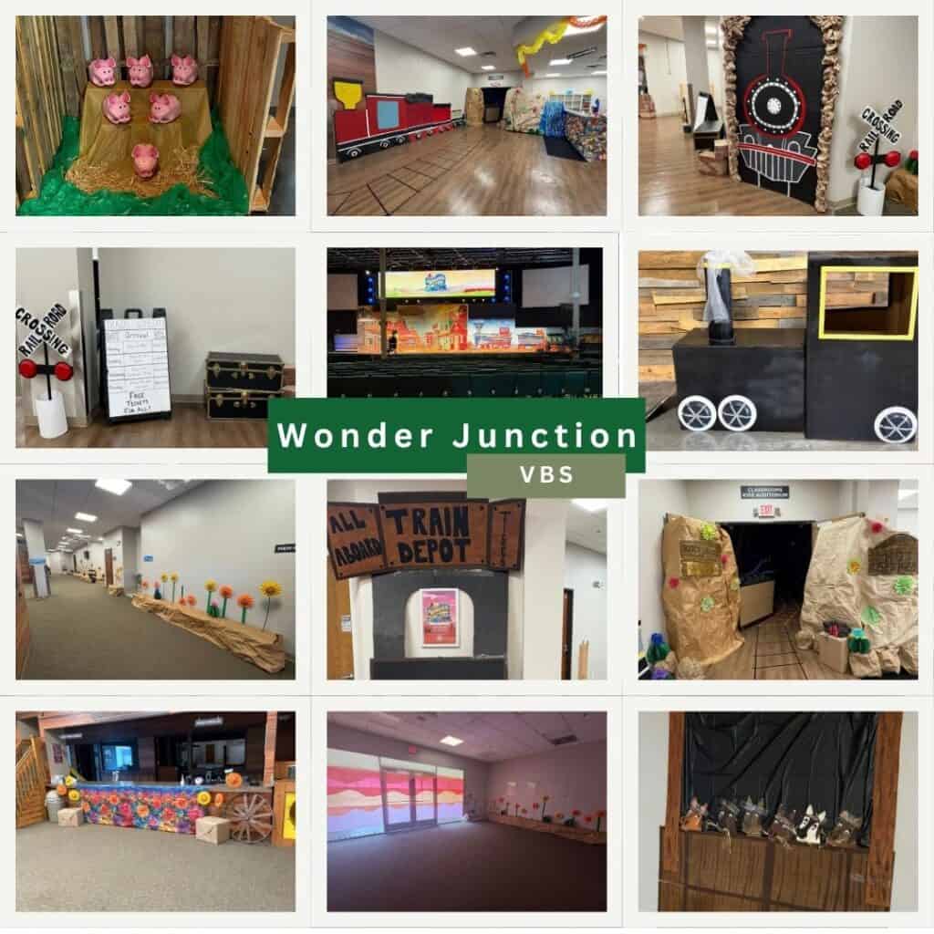 Collage of themed decorations for a Vacation Bible School event called "Wonder Junction," featuring trains, tracks, props, and colorful displays in a church setting.