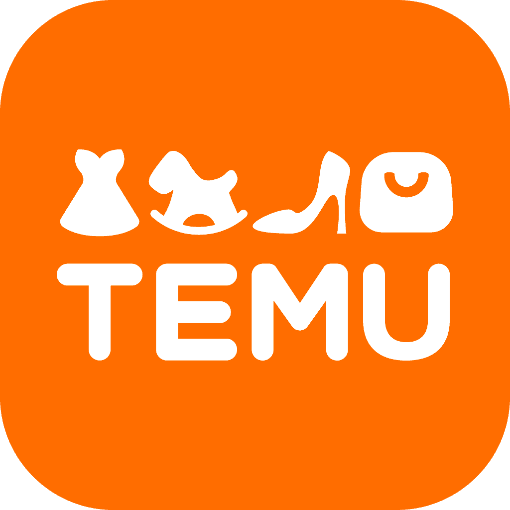 Orange square logo with white icons of a dress, rocking horse, high heel shoe, and handbag above the word “TEMU” in bold white letters—perfect for anyone reading a Temu review or wondering, "Is Temu legit?.
