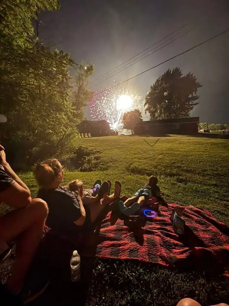 A group of people sit on a blanket in a grassy yard at night, watching fireworks in the sky and sharing Cake, while chatting about Connor’s big news.