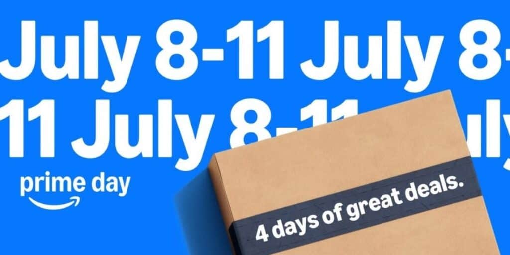 A cardboard box with Amazon Prime Day tape is shown against a bright blue background with text: "July 8-11" and "4 days of great deals." Unlock Shopping Secrets and save big during this exclusive event.