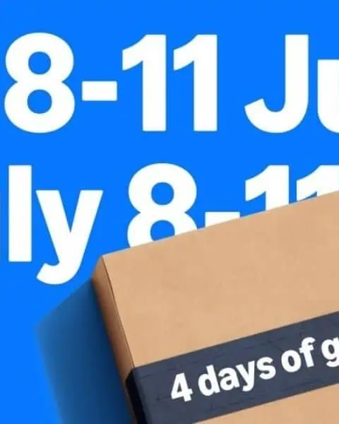 A cardboard box with Amazon Prime Day tape is shown against a bright blue background with text: "July 8-11" and "4 days of great deals." Unlock Shopping Secrets and save big during this exclusive event.