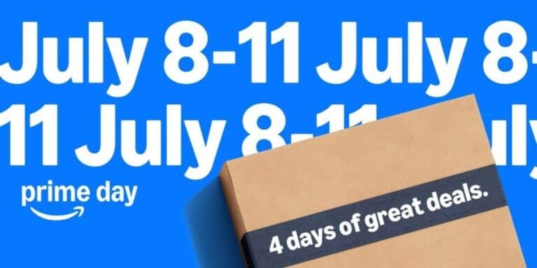 A cardboard box with Amazon Prime Day tape is shown against a bright blue background with text: "July 8-11" and "4 days of great deals." Unlock Shopping Secrets and save big during this exclusive event.