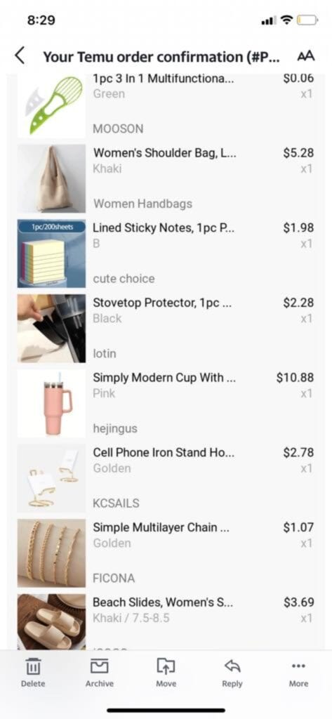 Screenshot of a Temu order confirmation showing purchased items, quantities, colors, and prices—including a bag, sticky notes, cup, and phone stand—perfect for anyone wanting an authentic look before they shop on Temu or read a Temu review.