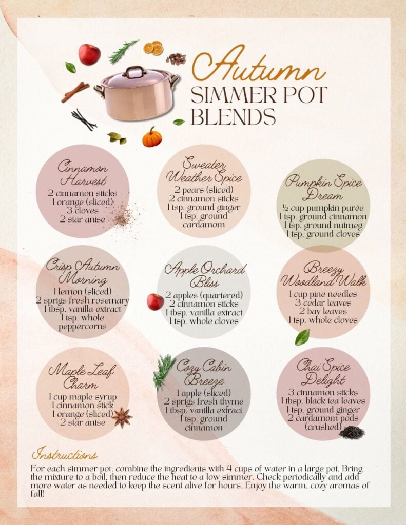 A recipe chart displays eight Autumn Simmer Pot blends, each with a list of ingredients and an instruction section at the bottom. A pink pot and seasonal illustrations decorate the chart.