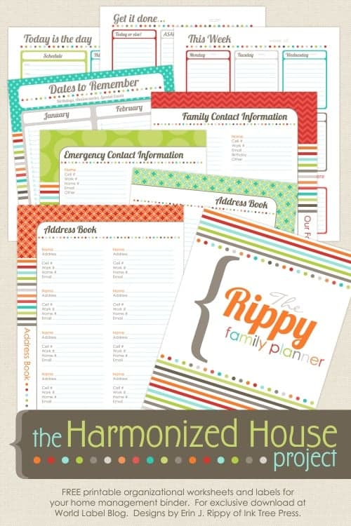 A collection of colorful printable family planner worksheets, including calendars, contact lists, address books, and emergency information sheets—perfect for organizing your life with helpful family hacks.