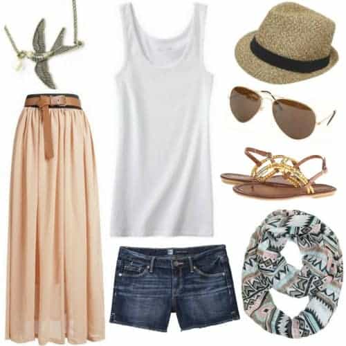 A flat lay of summer wardrobe essentials including a peach maxi skirt, white tank top, jean shorts, gold sandals, aviator sunglasses, straw hat, printed scarf, and bird necklace—perfect for your next fashion hacks.