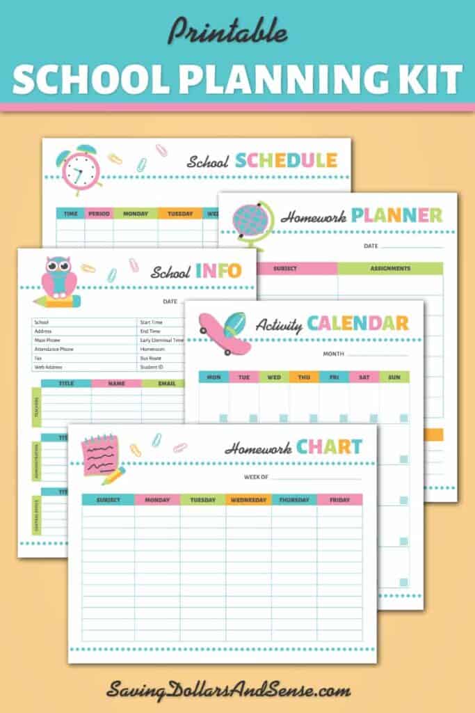 Five colorful printable school planning sheets—including a schedule, info sheet, homework planner, activity calendar, and homework chart—displayed on a yellow background. Perfect for organizing your school year with easy money-saving hacks!.