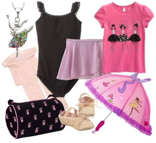 Assorted ballet-themed items to elevate your wardrobe, including a leotard, skirt, pink tights, t-shirt, ballet shoes, umbrella, necklace, and a black duffel bag with pink accents—perfect fashion hacks for every dancer.
