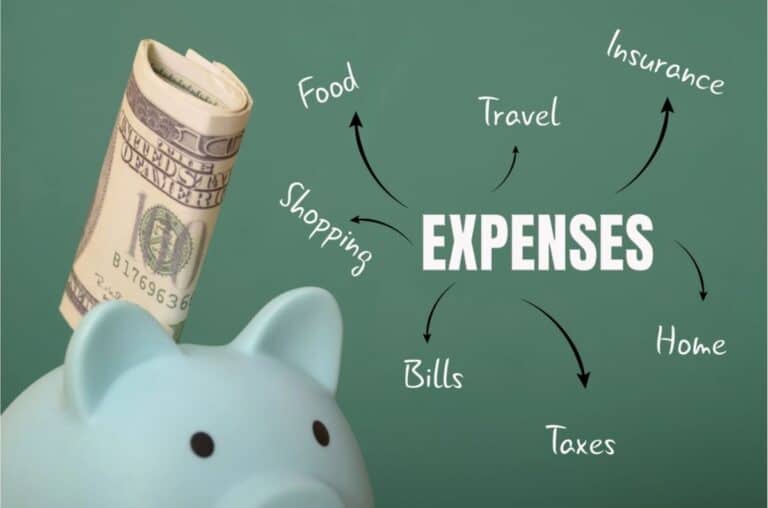 A rolled-up dollar bill in a piggy bank, with "EXPENSES" in bold and arrows pointing to common expenses like food, travel, insurance, shopping, home, taxes, and bills—highlighting how to avoid hidden costs.