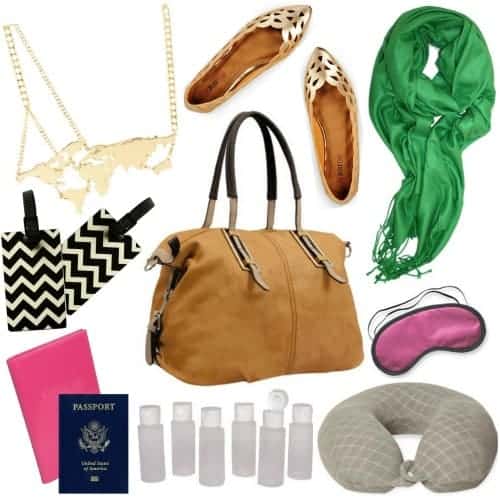 A collection of travel essentials for smart fashion, including a handbag, flats, scarf, sleep mask, neck pillow, passport, luggage tags, world map necklace, travel bottles, and a pink passport holder.