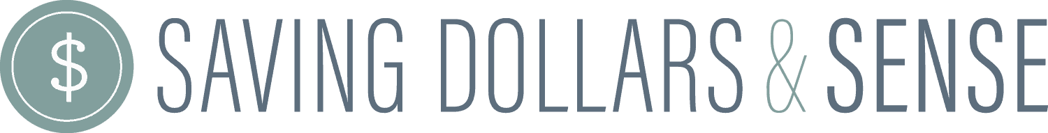 A circular dollar sign icon next to the text "Saving Dollars & Sense" in uppercase gray and teal letters on a light background.
