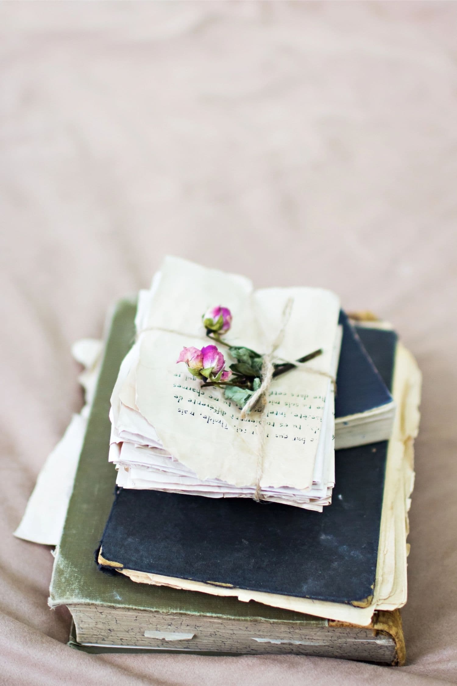 A stack of old books and handwritten letters tied with twine, topped with small dried pink flowers, resting on a beige surface.