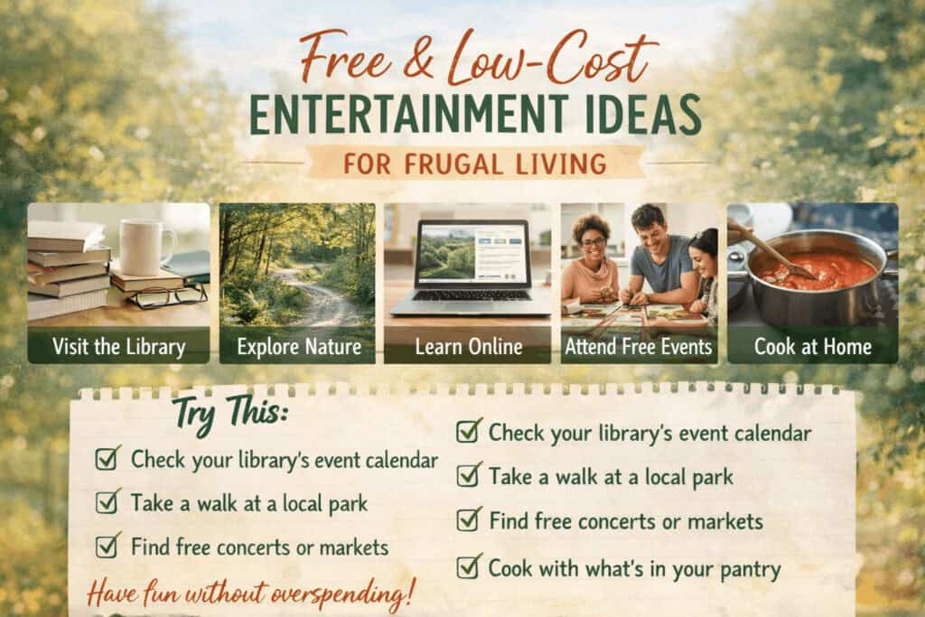 A graphic titled "Free & Low-Cost Entertainment Ideas for Frugal Living" highlights free entertainment options like visiting the library, exploring nature, learning online, attending free events, and cooking at home.