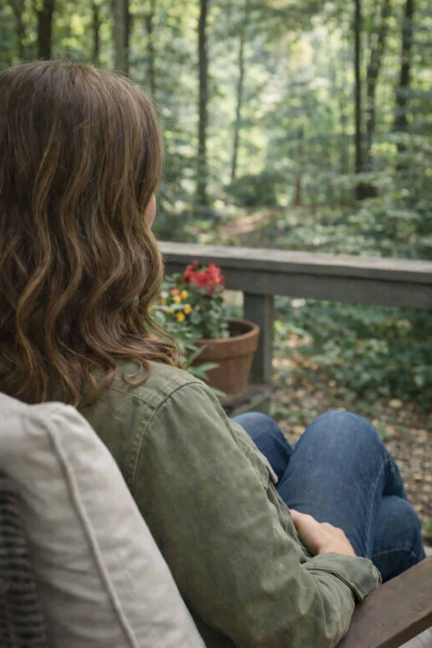 A person with wavy brown hair sits on a chair outdoors, facing a wooded area, with a potted plant featuring red and yellow flowers on a railing nearby.