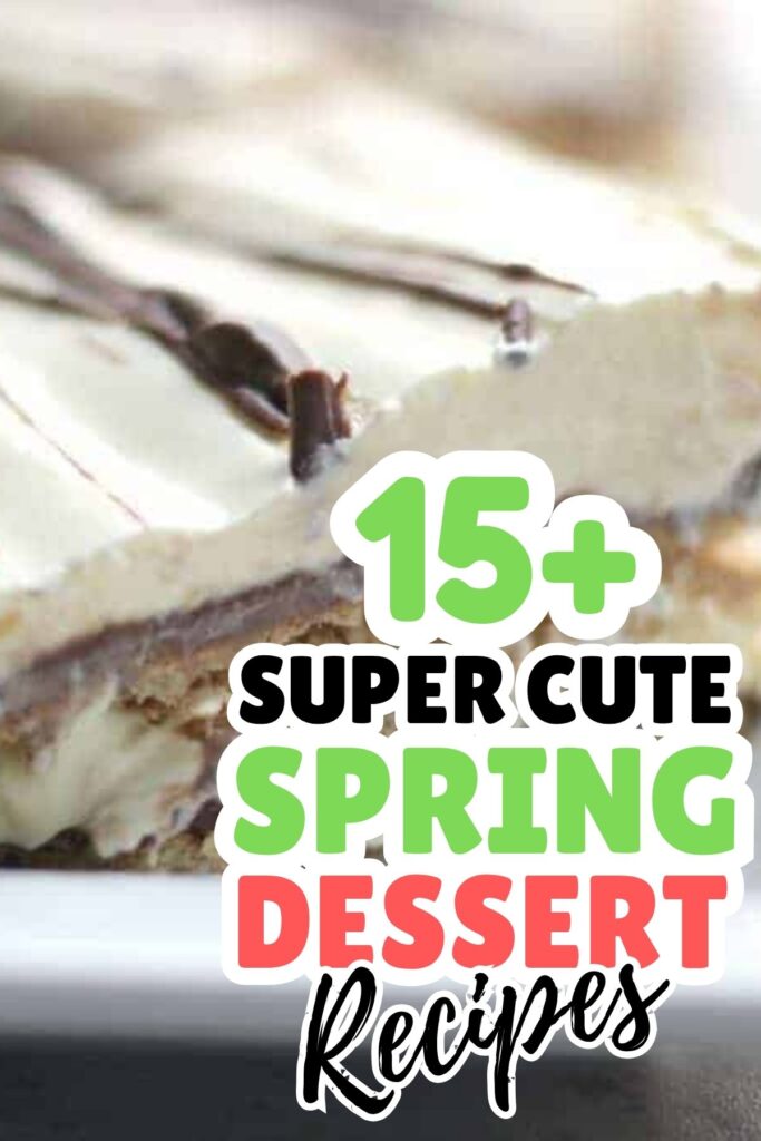 Close-up of a layered dessert with chocolate drizzle, overlaid with text that reads "15+ Super Cute Spring Dessert Ideas.