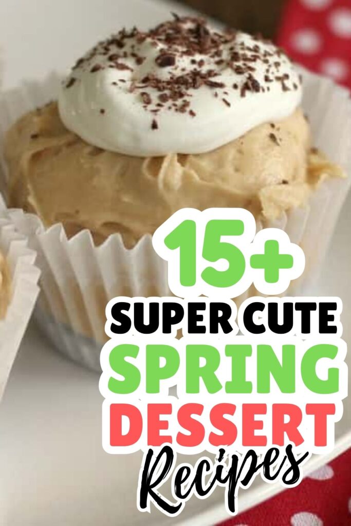 A cupcake topped with whipped cream and chocolate shavings, with text overlay: "15+ Super Cute Spring Dessert Ideas.