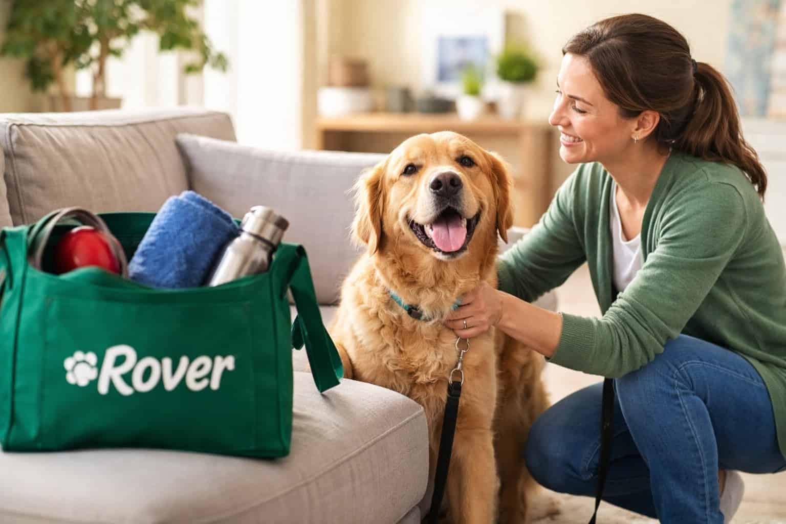 A woman smiles while putting a leash on a Golden Retriever next to a green "Rover" bag filled with pet supplies, highlighting Rover Pet Sitting, as they get ready for an outing from the sofa.