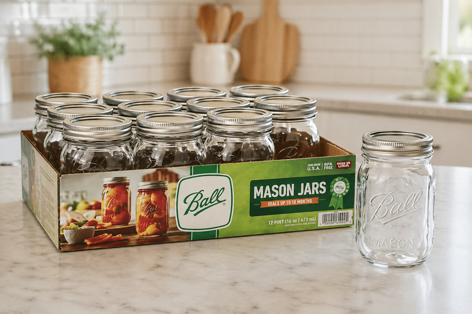 A box of twelve free Ball Mason jars sits on a kitchen counter, with one jar removed and placed next to the box.