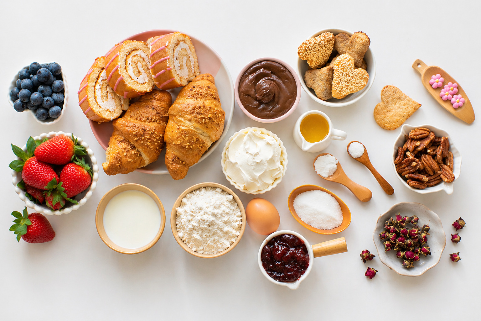 Assorted breakfast and baking ingredients for a delightful Mother’s Day breakfast board, including croissants, strawberries, blueberries, milk, jam, cream, chocolate spread, nuts, sugar, egg, flour, and cookies on a white background.